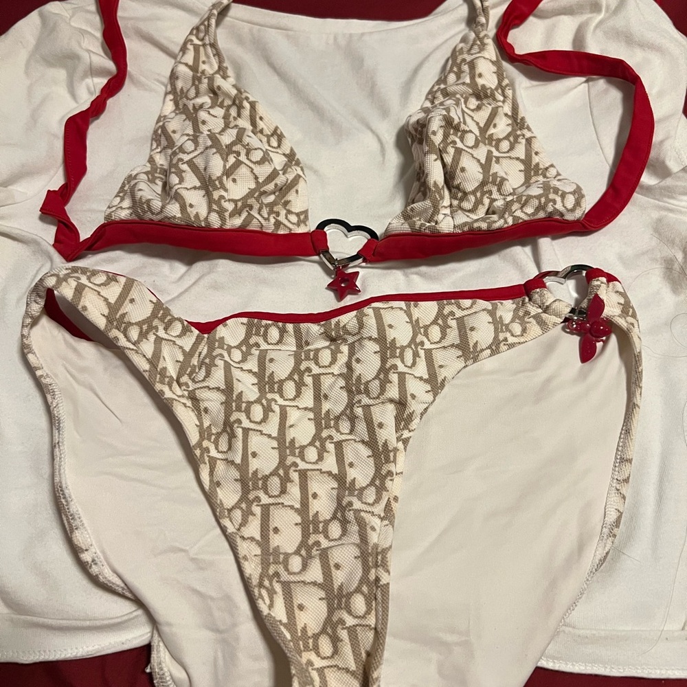 Dior White and Red Monogram Bikini
